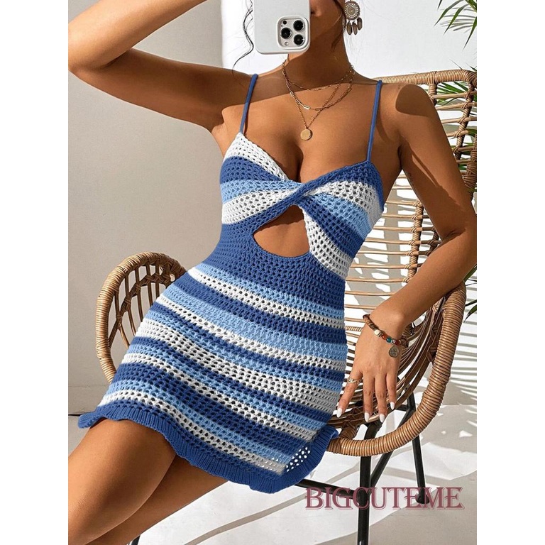 [] - Đầm Mini Hai Dây Dệt Kim Kẻ Sọc Thời Trang Mùa Hè Cho Nữ