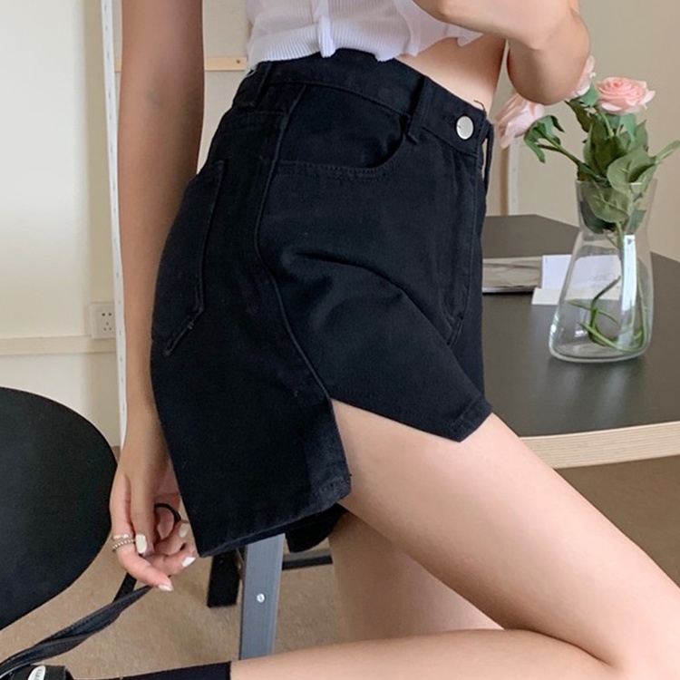 Quần Short Denim Lưng Cao Ống Rộng Xẻ Tà Thời Trang Mùa Hè Cho Nữ