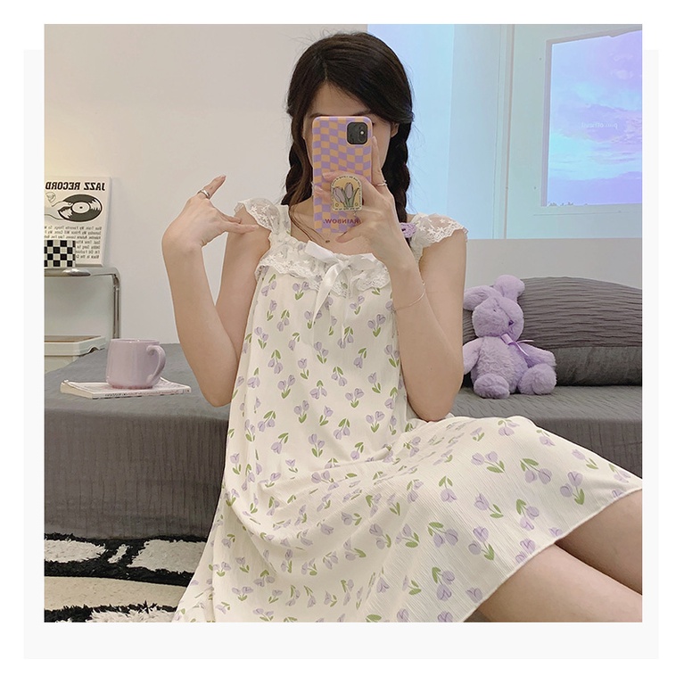 Đầm Ngủ Cotton Dệt Kim Phối Ren Có Đệm Ngực Phong Cách Công Chúa Ngọt Ngào Thời Trang Mùa Hè Kiểu Mới Dành Cho Nữ