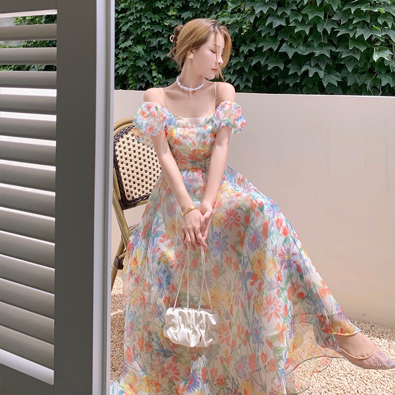 Đầm Hoa Mùa Hè 2023 Một Dây Tay Phồng Hở Vai Phong Cách Pháp Cổ Điển Siêu Thơ Uj2