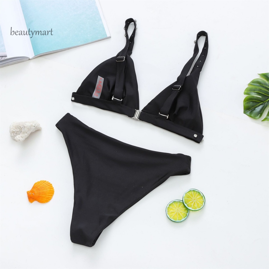 [beautymart] Bộ Đồ Bơi Bikini Màu Trơn Bằng Polyester Chống Mài Mòn Thời Trang Mùa Hè Cho Nữ