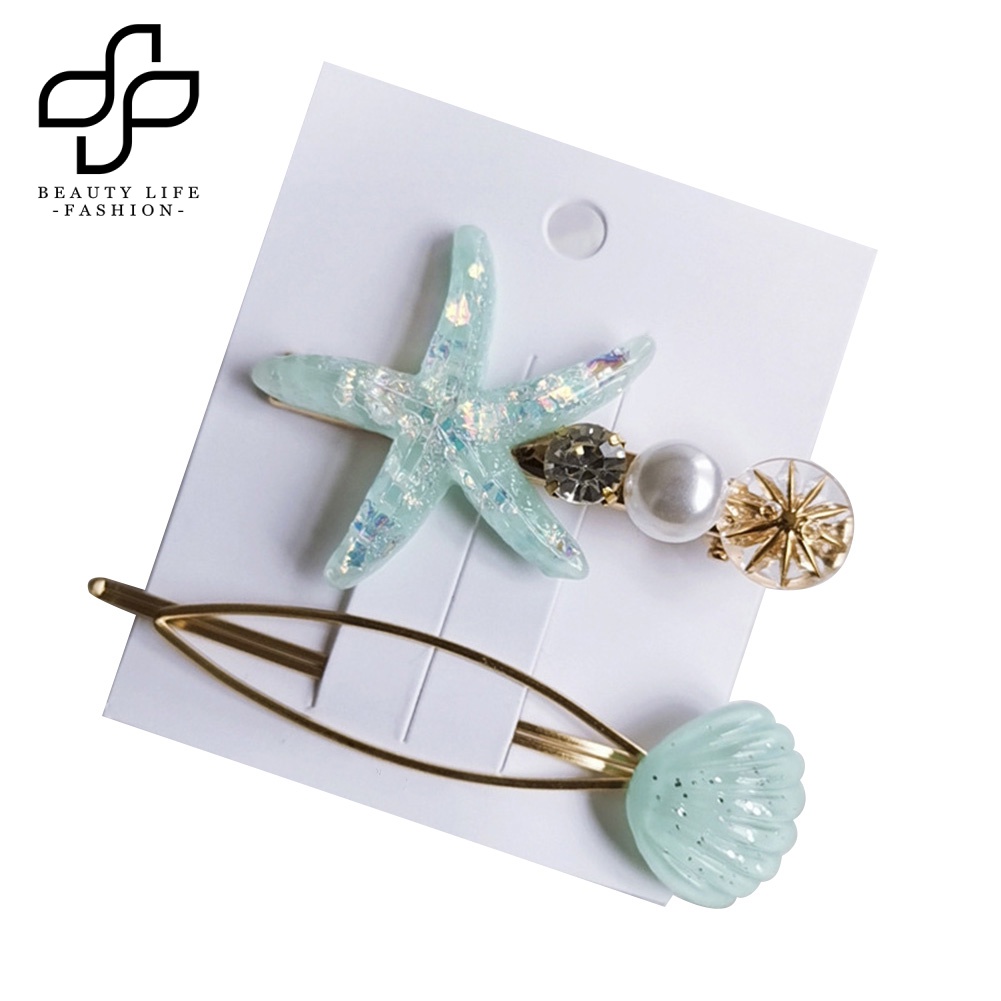 Bộ 2 Kẹp Tóc Hình Vỏ Sò / Sao Biển Đính Ngọc Trai Giả Thời Trang Cho Nữ