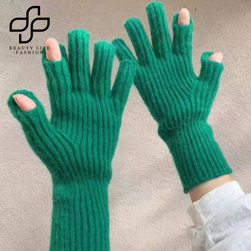 1 Đôi Găng Tay Dệt Kim 2 Ngón Co Giãn Mềm Mại Màu Trơn Giữ Ấm Mùa Đông Cho Nữ