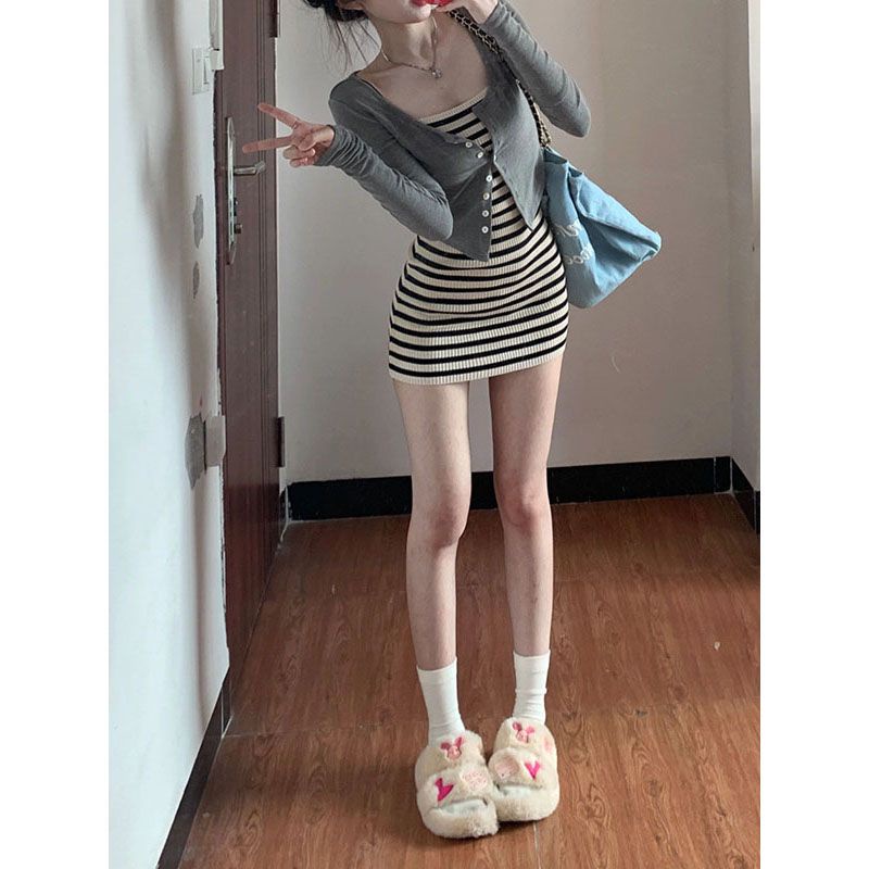 New high waist striped two-piece knitted waist sling dress all-match short coat suit for girls dress