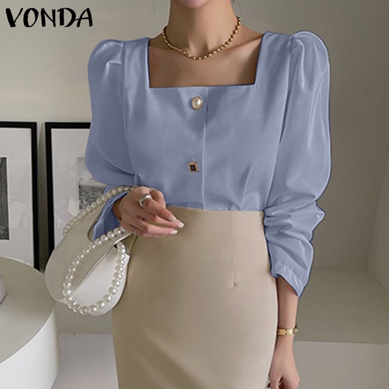 Áo Sơ Mi Tay Dài Cổ Vuông Cài Nút Phía Trước Thời Trang Hàn Quốc Cho Nữ