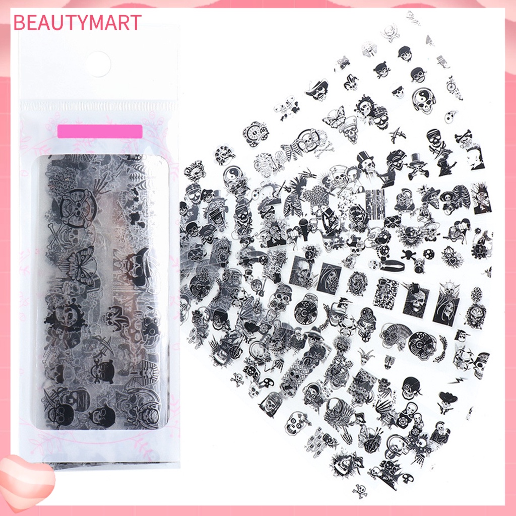 [beautymart] Set 10 Giấy Gói Móng Tay Chuyển Họa Tiết Đầu Lâu Kinh Dị Siêu Mỏng Màu Đen Trang Trí Halloween