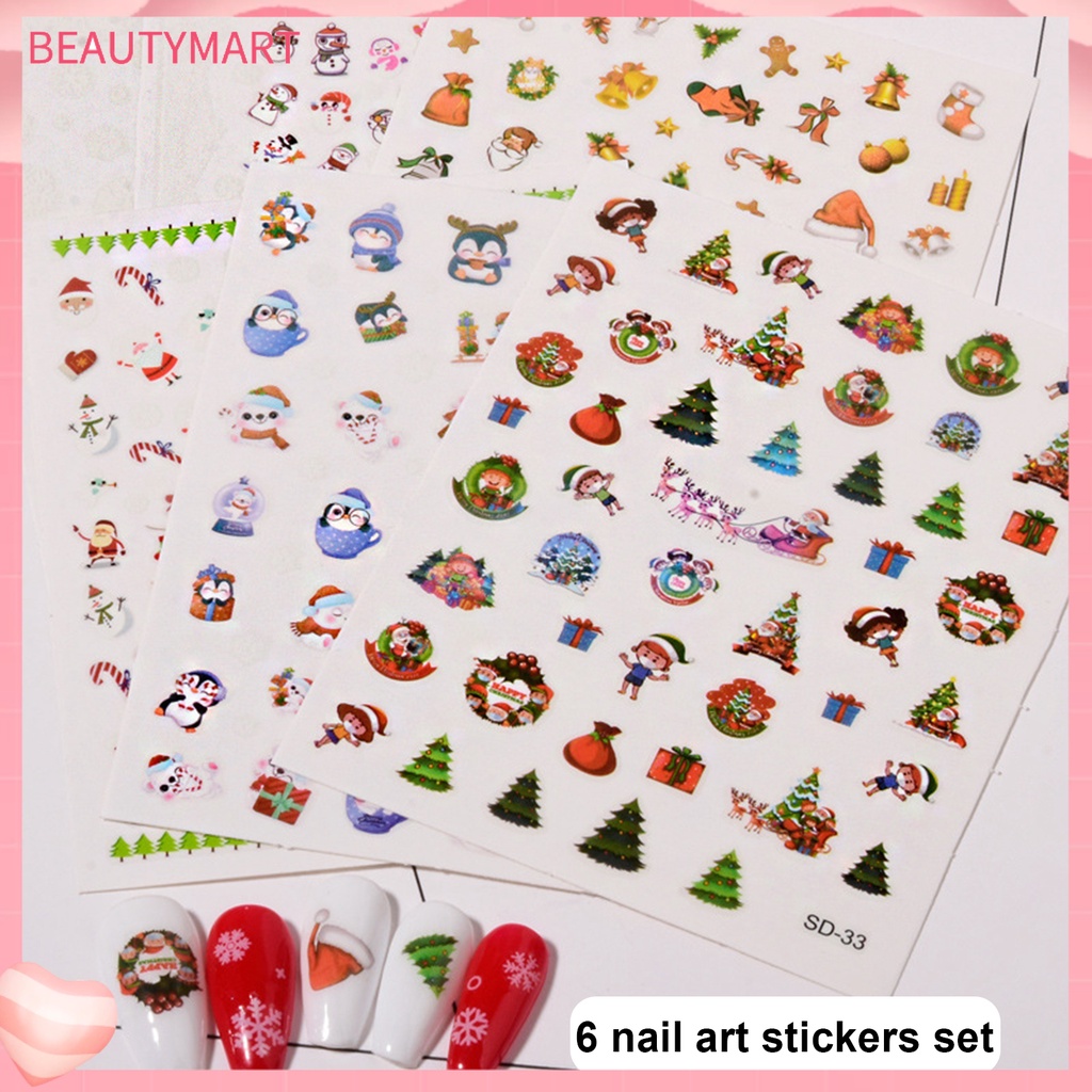 Set 6 Miếng Dán Trang Trí Móng Tay Họa Tiết Hoa Phong Cách Giáng Sinh Dành Cho Người Mới Bắt Đầu