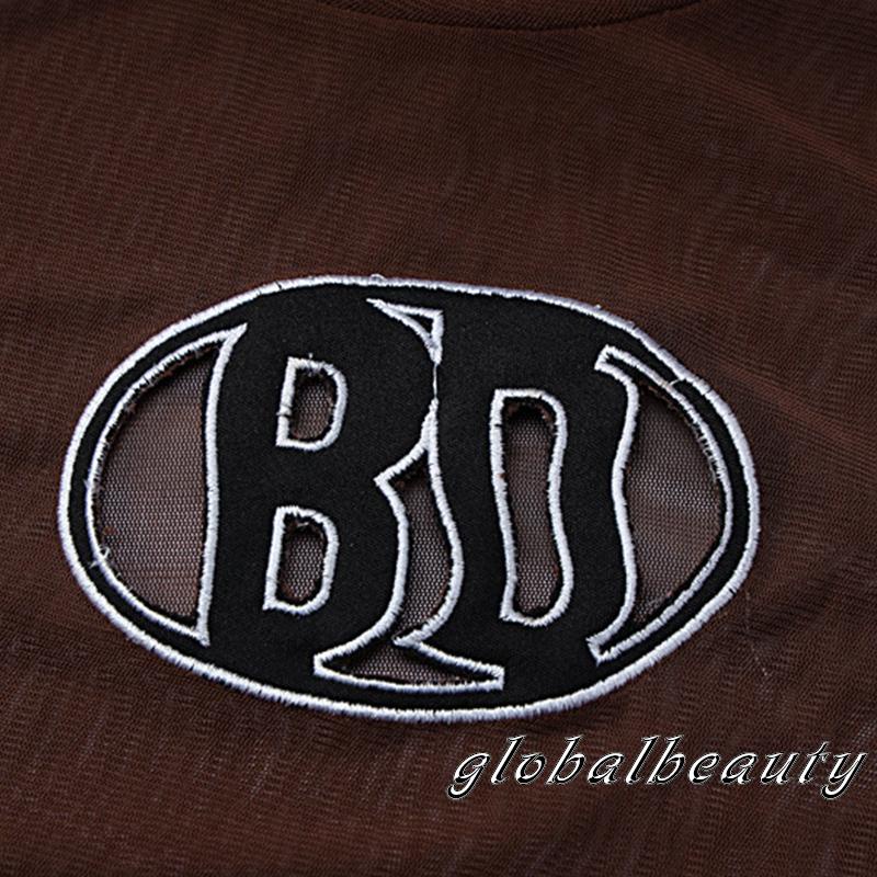 Áo Croptop Tay Ngắn Cổ Tròn Phối Lưới Thêu Chữ Phong Cách Đường Phố Cho Nữ