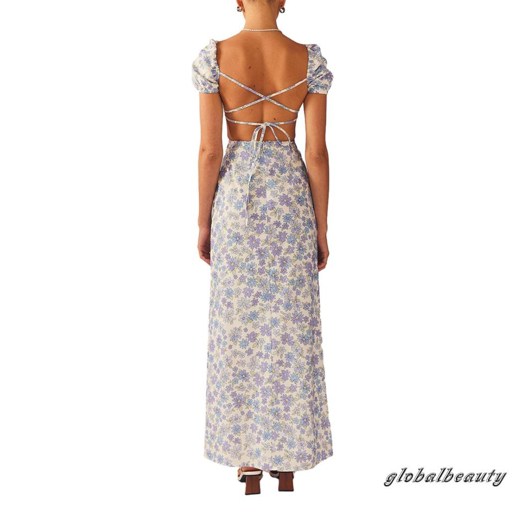 Đầm Dài Hở Lưng Tay Ngắn Họa Tiết Hoa Thời Trang Mùa Hè Cho Nữ