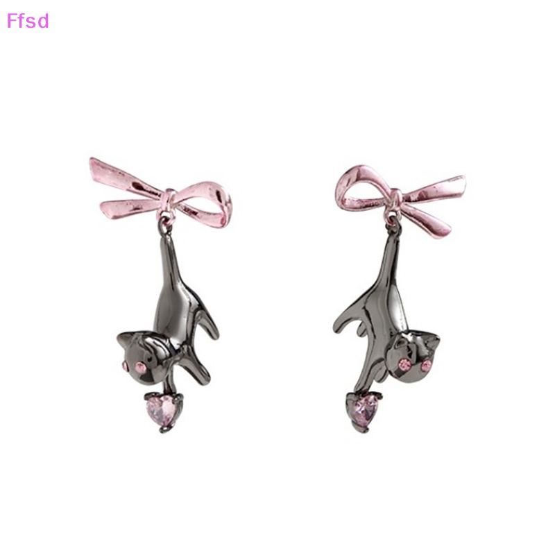 {Ffsd} Khuyên Tai Thả Hình Nơ / Trái Tim / Mèo Đen Đính Đá Ngọt Ngào Cho Nữ