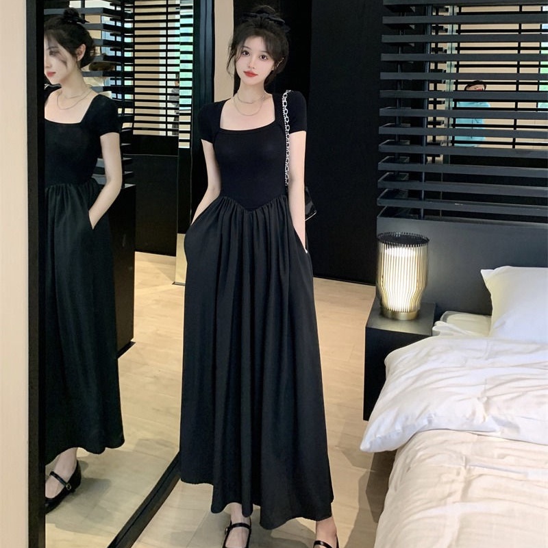 COZOK Đầm Tay Ngắn Cổ Vuông Thiết Kế Đơn Giản Thời Trang