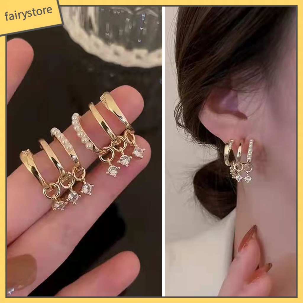 1 Đôi Bông Tai Hình Học Nhiều Lớp Đính Đá &amp; Ngọc Trai Giả