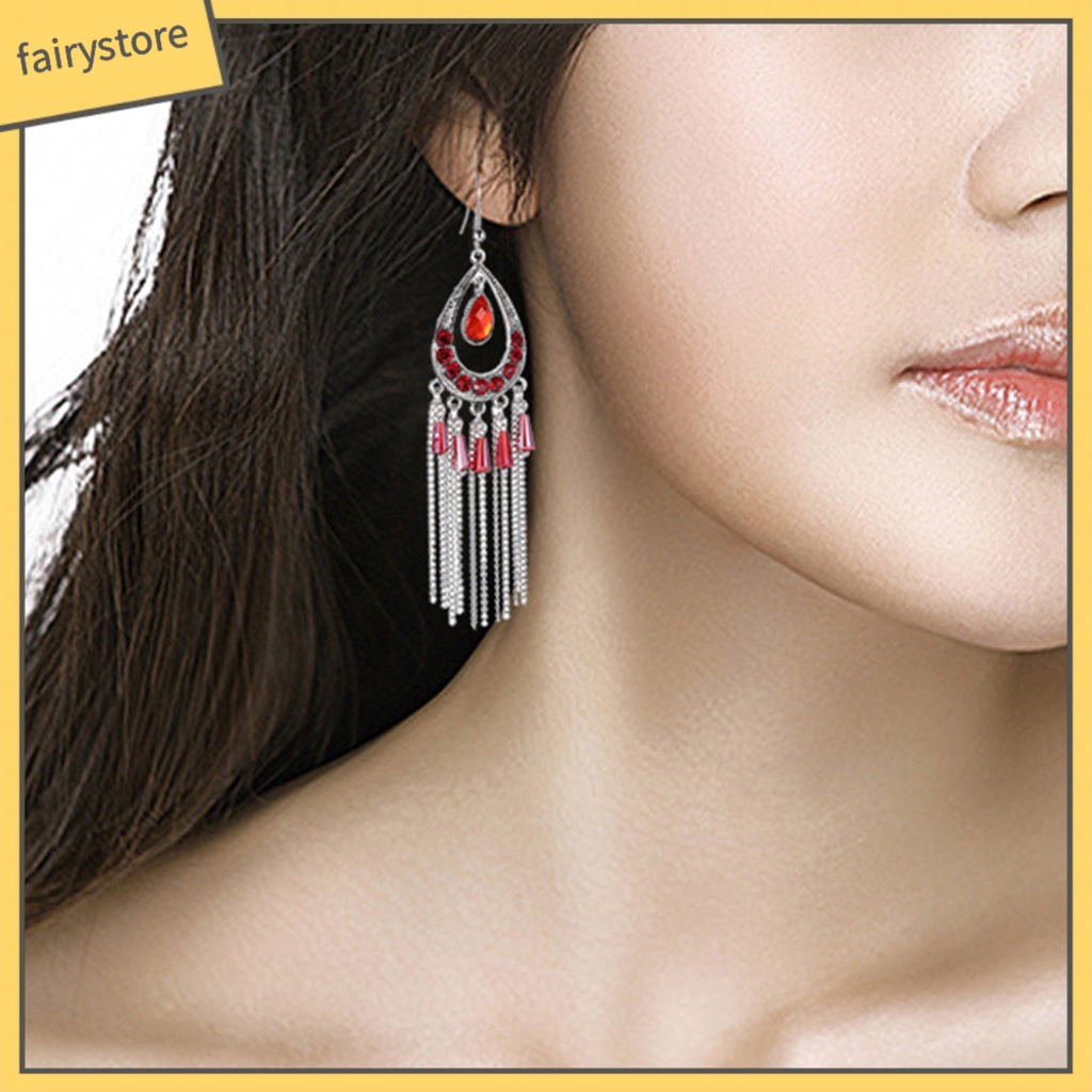 1 Đôi Bông Tai Hình Giọt Nước Đính Đá Phối Tua Rua Phong Cách Vintage