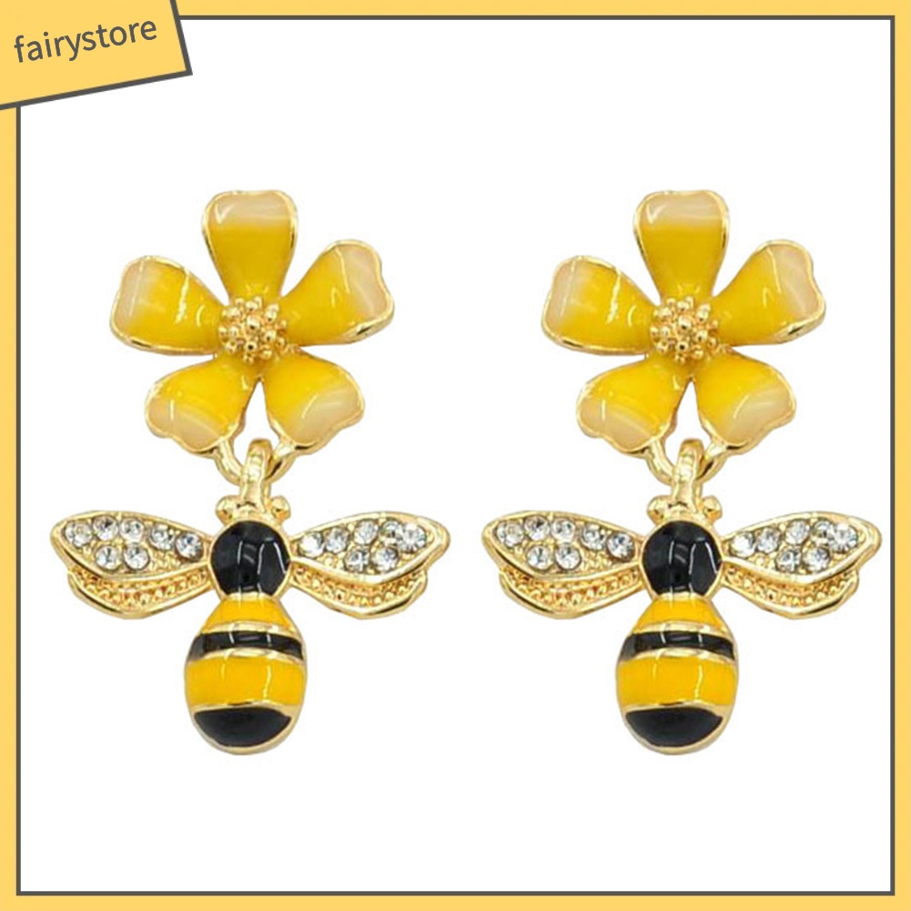 Bông Tai Hình Hoa Và Ong Tráng Men Đính Kim Cương Giả Cho Nữ