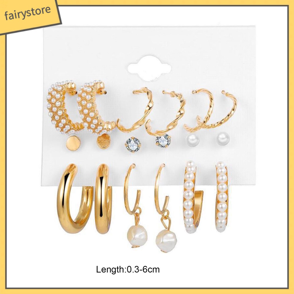 Set 9 Đôi Bông Tai Hợp Kim Dạng Vòng Đính Ngọc Trai Giả Thanh Lịch Cho Nữ