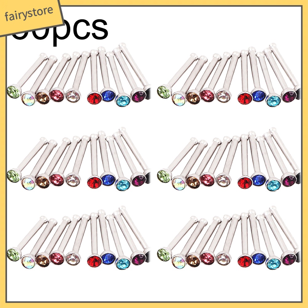 Set 60 Khuyên Mũi Thép Không Gỉ Đính Đá Nhiều Màu Sắc