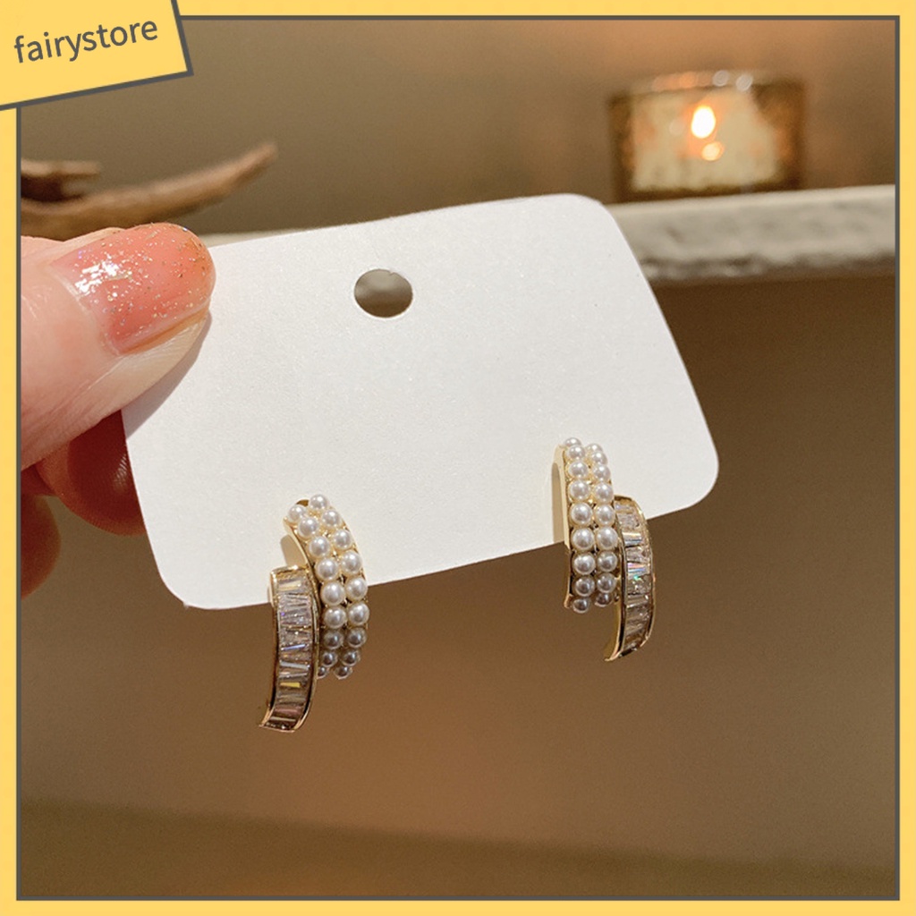 1 Đôi Bông Tai Ngọc Trai Giả Hai Lớp Đính Đá Lấp Lánh