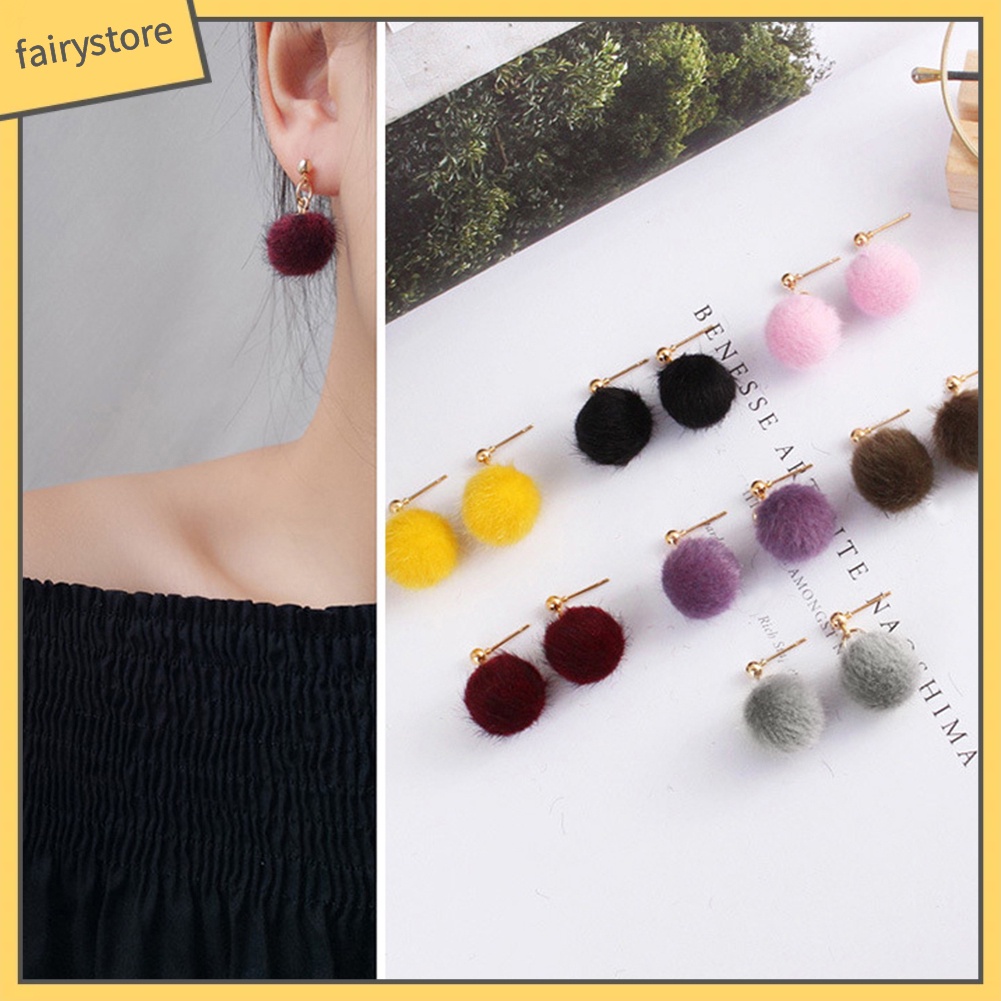 Bông Tai Hình Giọt Nước Gắn Bóng Lông Thời Trang Mùa Đông Cho Nữ