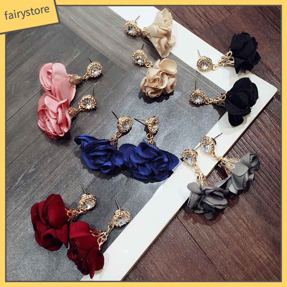 Bông Tai Dáng Dài Hình Cánh Hoa Đính Đá Thời Trang Cho Nữ