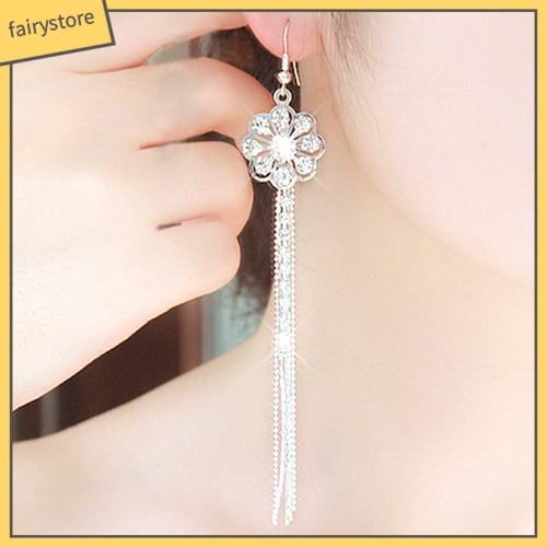 Bông Tai Dài Hình Hoa Đính Đá Dạng Móc Tua Rua Lấp Lánh Cho Nữ