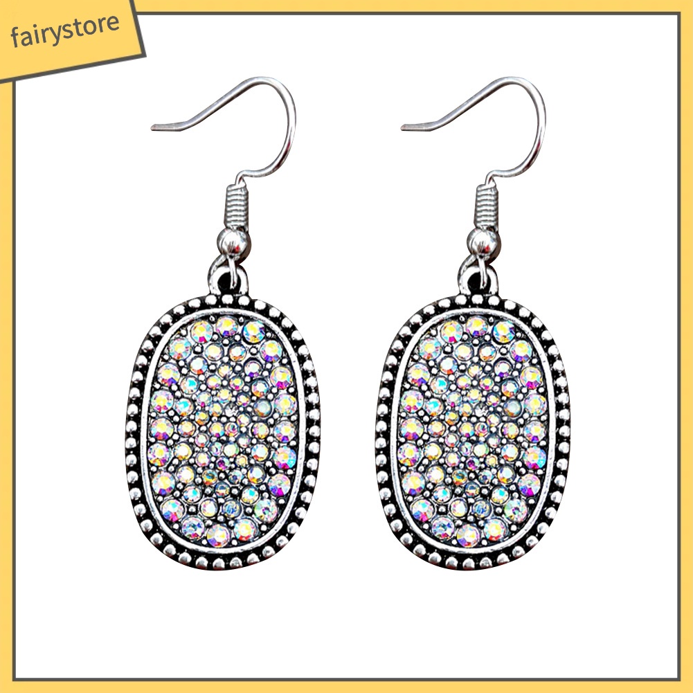 Bông Tai Hình Oval Đính Kim Cương Giả Nhiều Màu Phong Cách Vintage