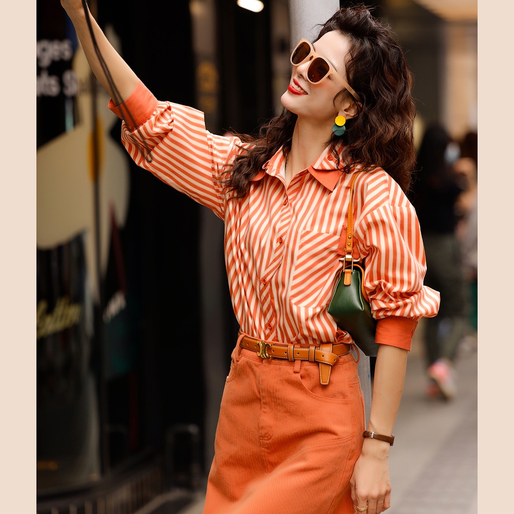 Set Áo Sơ Mi Kẻ Sọc Dài Tay Và Chân Váy Dài Phong Cách Mới 2023