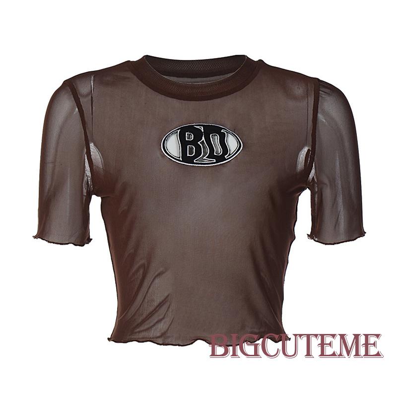 Áo Thun Lưới Tay Ngắn Cổ Tròn Thêu Chữ Phong Cách Đường Phố Cho Nữ