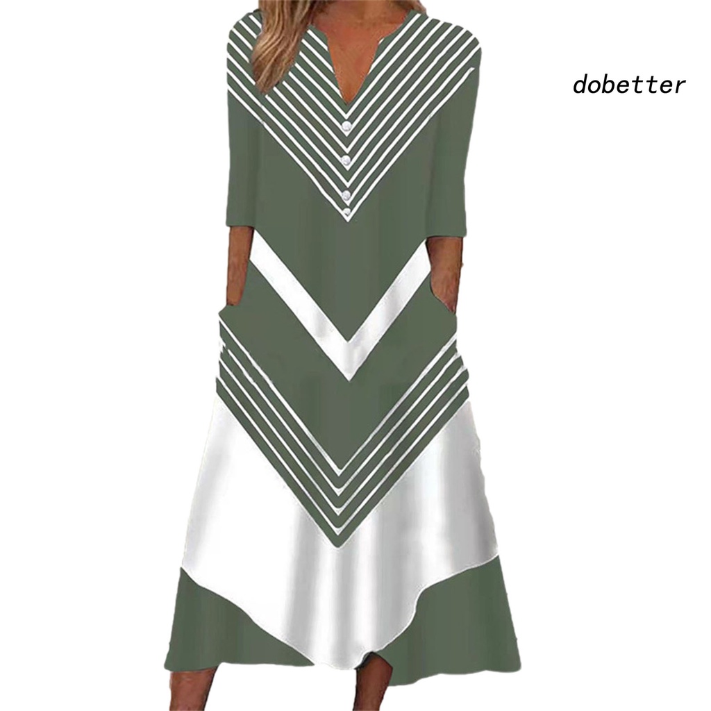 Đầm Dài Cổ Chữ V Kẻ Sọc Phối Nút Trang Trí Có Túi Thời Trang Cho Nữ
