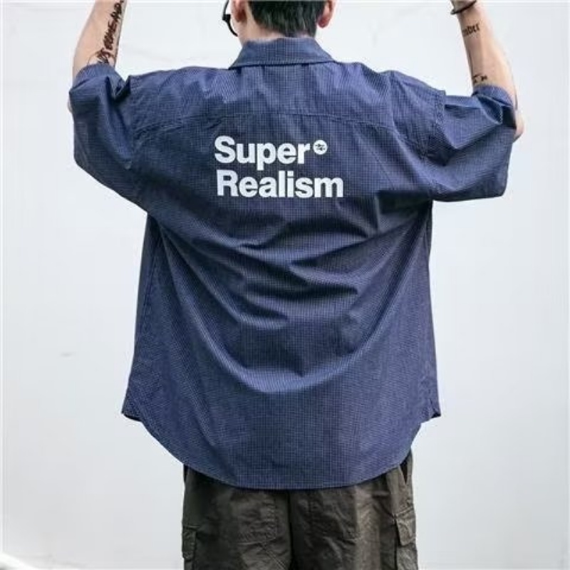 Áo Sơ Mi Tay Ngắn Dáng Rộng Họa Tiết Sọc Caro In Chữ Phong Cách Đường Phố Thời Trang Mùa Hè