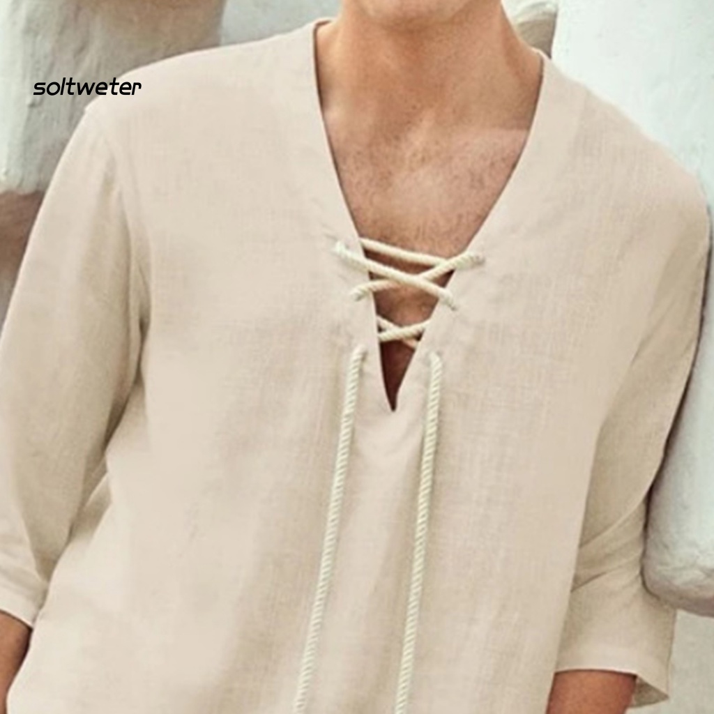 Áo nam Cổ Chữ V Màu Trơn Có Dây Cột Thời Trang Mùa Hè