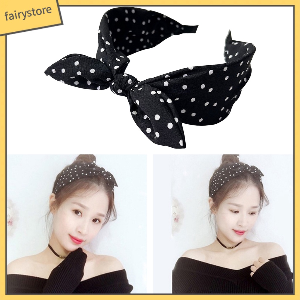 Băng Đô Tai Thỏ Co Giãn Chống Trượt In Họa Tiết Chấm Bi Màu Sắc Tương Phản Dành Cho Nữ