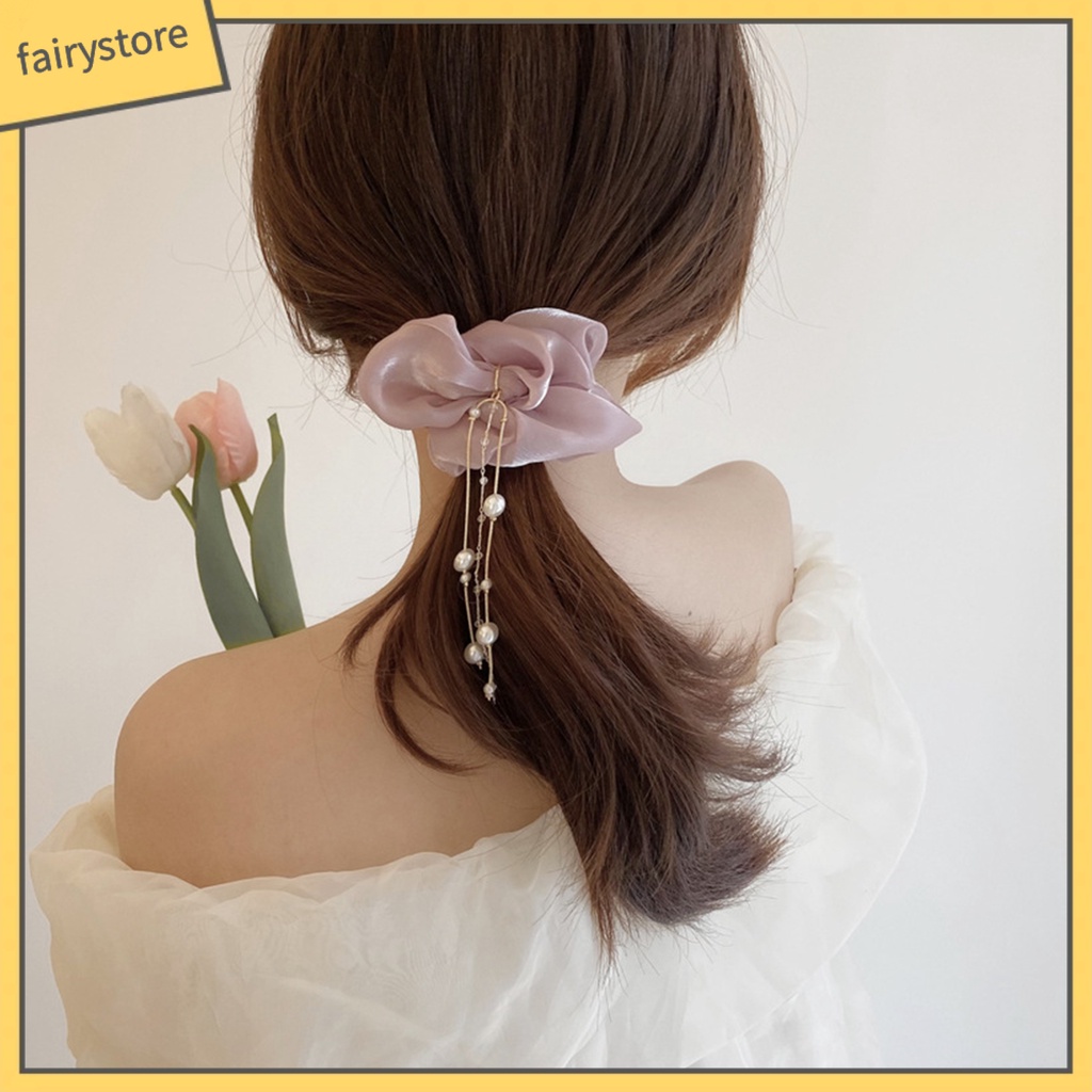 Dây Cột Tóc Satin Co Giãn Đính Ngọc Trai Giả Màu Trơn Sáng Bóng Thanh Lịch Cho Nữ