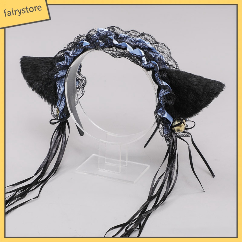 Băng Đô Tai Mèo Phối Ren Tua Rua Phong Cách Gothic Lolita Cho Nữ