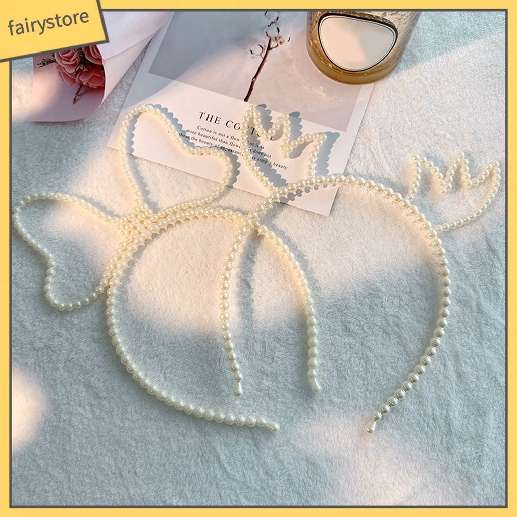 Băng Đô Hình Sừng Hươu Đính Ngọc Trai Giả Màu Trơn Co Giãn Dành Cho Nữ