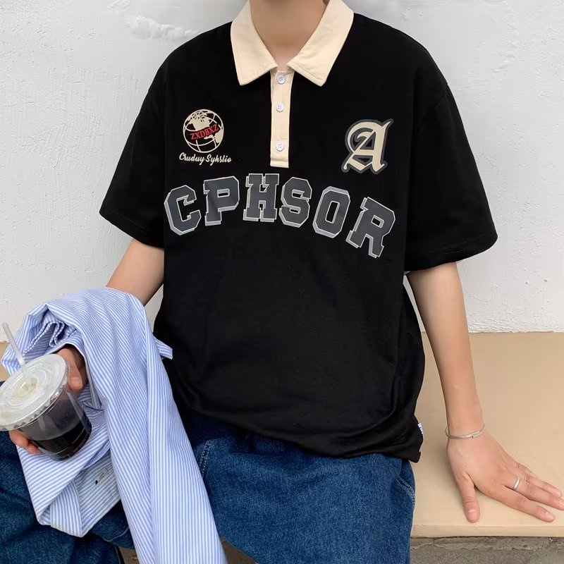 Áo Thun POLO Tay Ngắn Dáng Rộng In Chữ Phong Cách Đường Phố Mỹ Cá Tính Cho Nam