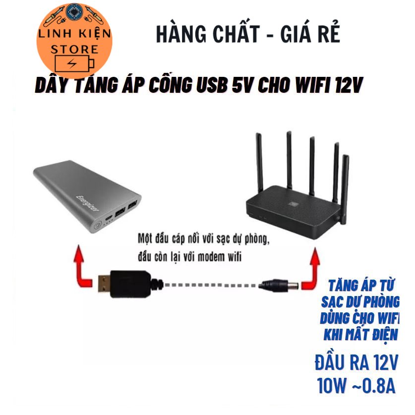 Dây nguồn USB kích sạc dự phòng lên 9 - 12V cho wifi- Có Led, không led