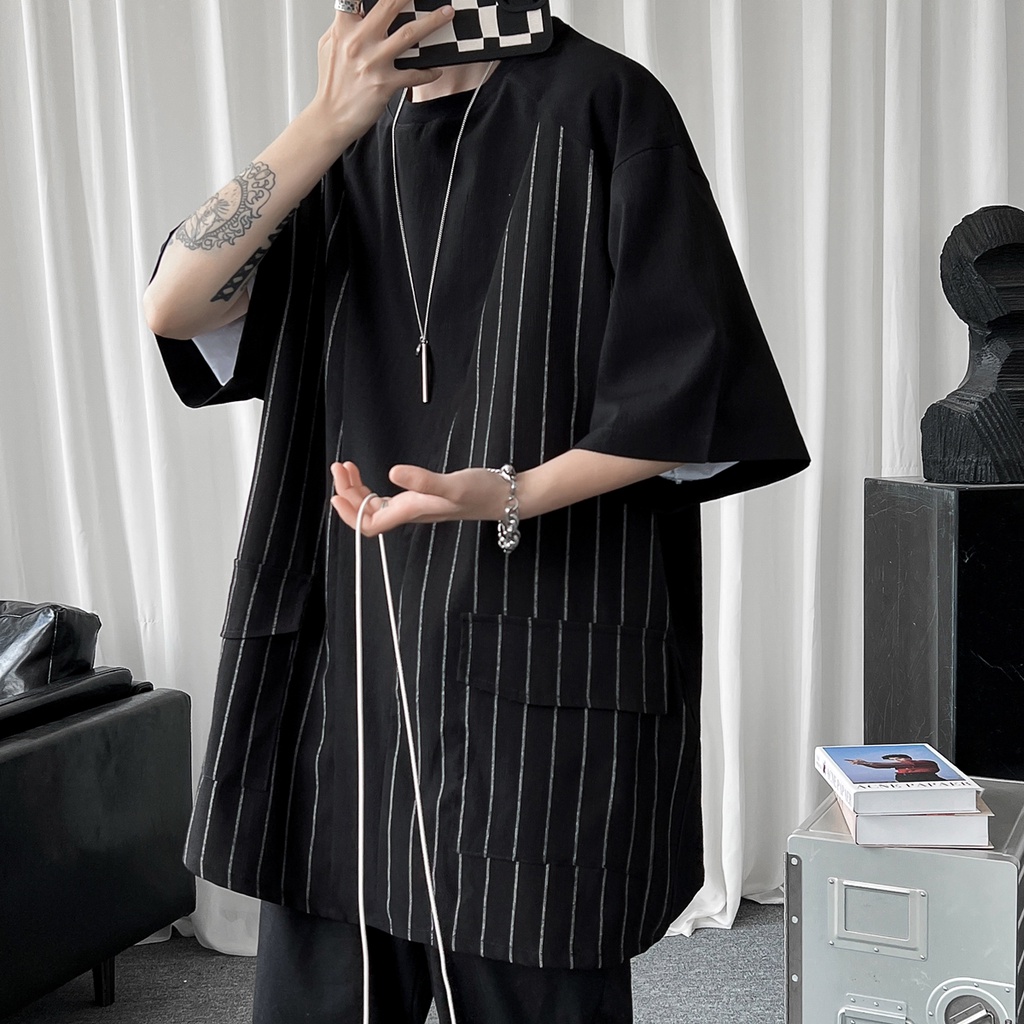 Áo Thun Tay Ngắn Dáng Rộng Plus Size Họa Tiết Kẻ Sọc Thời Trang Mùa Hè Cho Nam
