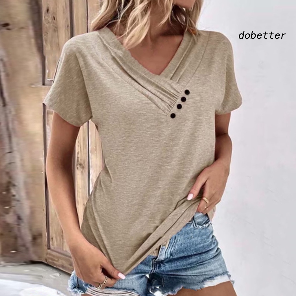 [DO] Áo Thun Tay Ngắn Cổ Chữ V Màu Trơn Mềm Mại Thoáng Khí Có Nút Trang Trí Đơn Giản Dành Cho Nữ Mùa Hè
