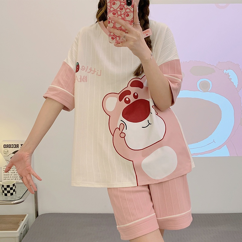 Bộ Đồ Ngủ Cotton Cổ Tròn Tay Ngắn Họa Tiết Hoạt Hình Thời Trang Mùa Hè 6535