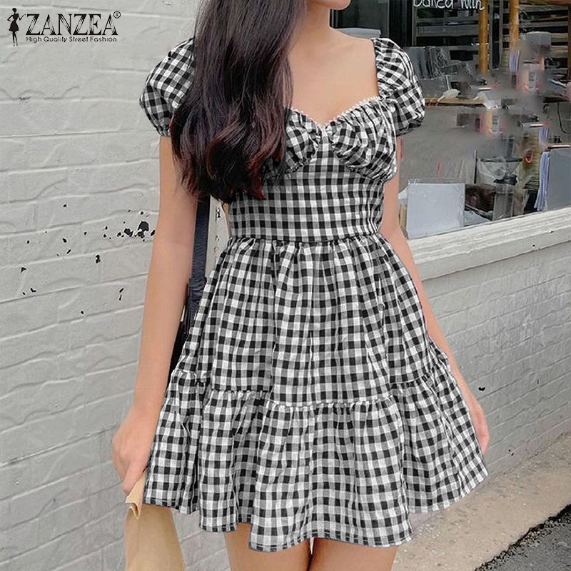 Zanzea Đầm Tay Phồng Cổ Vuông Họa Tiết Sọc Caro Phong Cách Hàn Quốc Thời Trang Cho Nữ