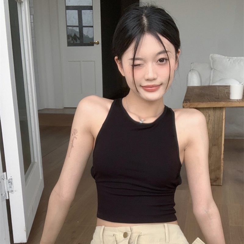 Áo Croptop Cotton Hai Dây Có Mút Đệm Ngực Hở Lưng Màu Trơn Phong Cách Mỹ Quyến Rũ Dành Cho Nữ