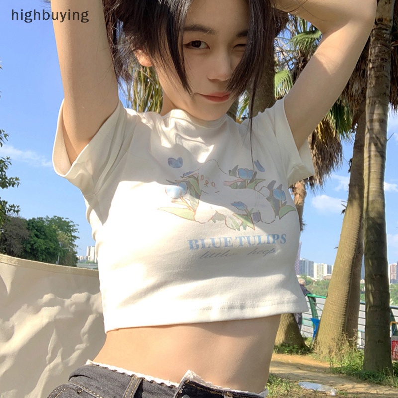 Áo Thun Lửng Tay Ngắn Cổ Tròn In Hình Cừu Hoạt Hình Phong Cách Retro Mỹ Cho Nữ