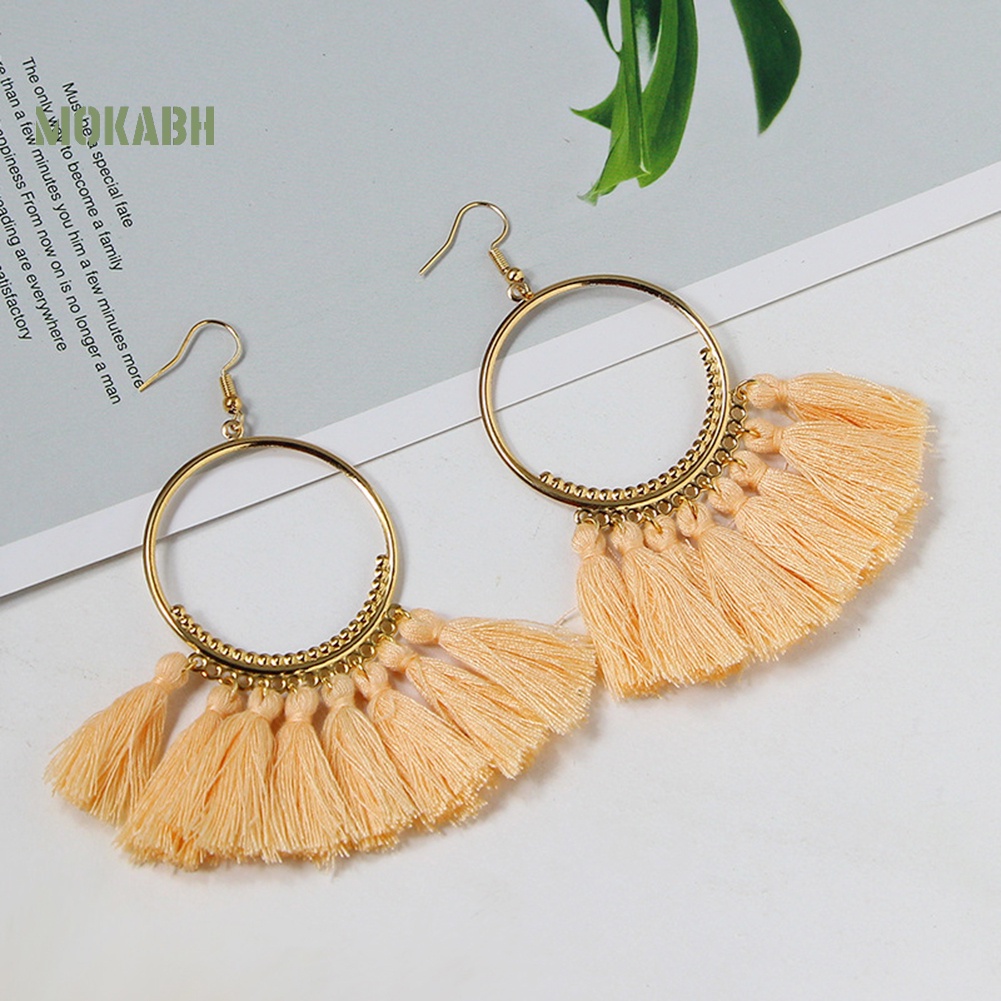 Bông Tai Móc Hình Tròn Lớn Phối Tua Rua Phong Cách Vintage Thời Trang Cho Nữ