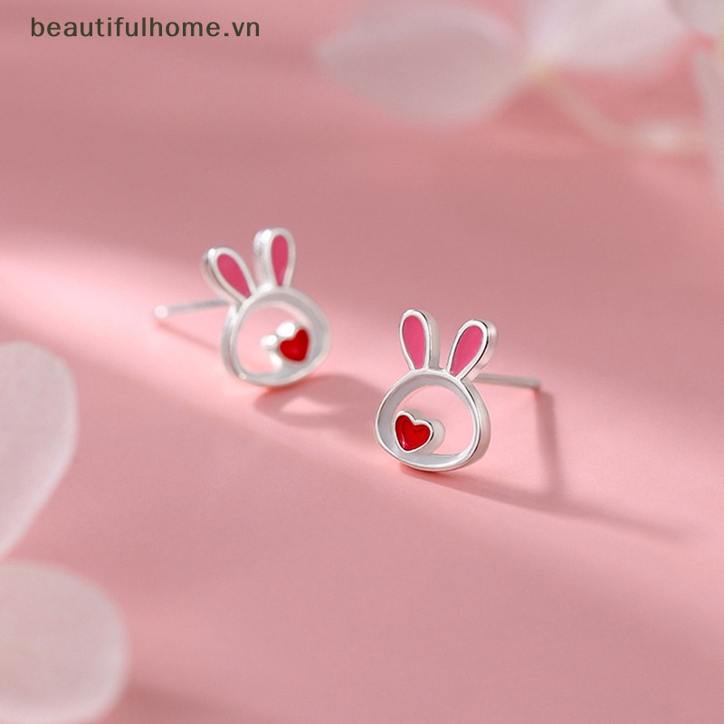 [beautifulhome] Bông Tai Hình Thỏ Trái Tim Màu Bạc Dễ Thương Dành Cho Nữ [beauty]