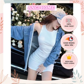 Set đầm body gân trắng sát nách + áo khoác jean denim angi home