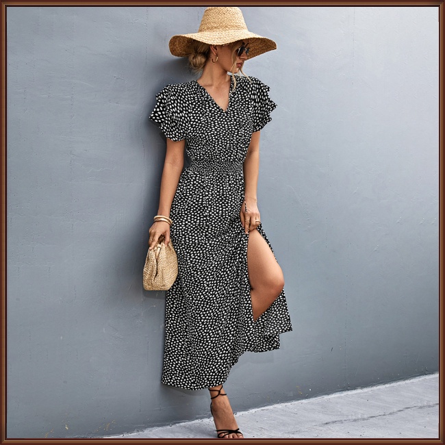 Đầm Dài Xẻ Tà Cột Dây Tay Ngắn In Họa Tiết Độc Đáo Thời Trang Mùa Hè Xinh Xắn Cho Nữ