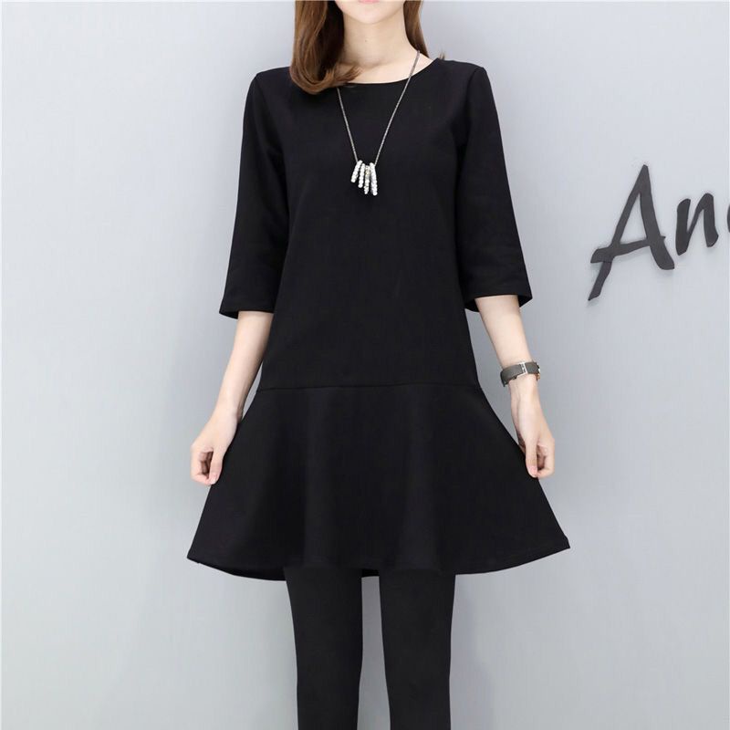 Áo Sơ Mi Tay Dài Cổ Tròn 3 / 4 Dáng Chữ A Màu Trơn size M-5XL Cho Nữ