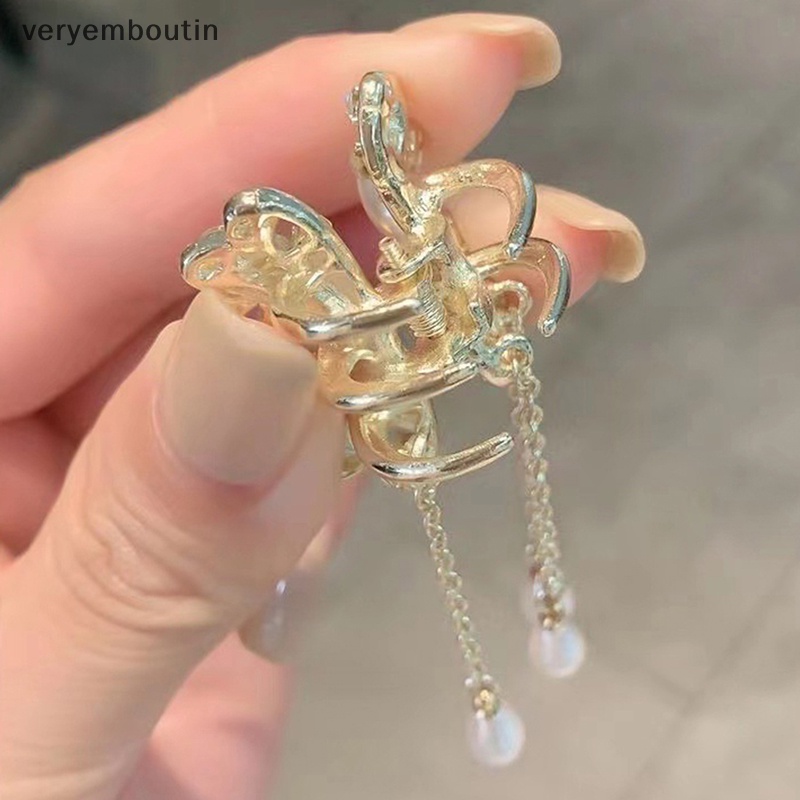 Kẹp Tóc Hình Bướm Đính Đá Ngọc Trai Phối Dây Tua Rua Thời Trang Cho Nữ