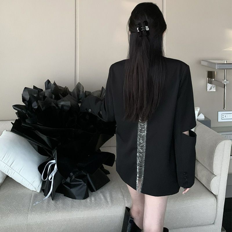 Áo Khoác Vest Hở Lưng Dáng Rộng Phối Dây Xích Thời Trang Xuân Thu 2023 Phong Cách Mới Cao Cấp Dành Cho Bạn Nữ