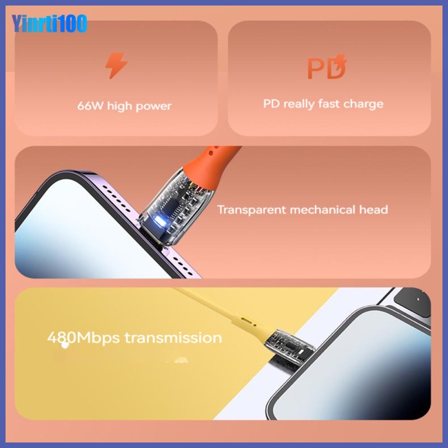 Cáp Sạc Nhanh Yinrti 66w Trong Suốt Có Đèn Cho Huawei 1m Type-c 6a